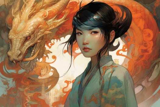Asian dragon woman. Asia beauty culture. Fictional person. Generate Ai
