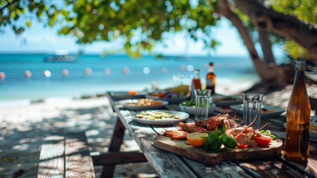 beachside dining setup with seafood on a wooden camping table in summer.