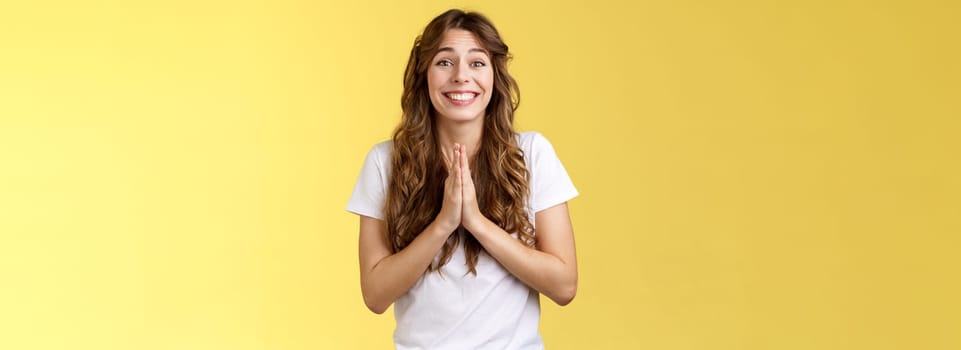 Please one small favor. Cute silly charming young girlfriend asking lend money press palms together praying supplication gesture implore you help hopefully smiling begging yellow background.