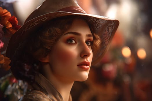 Beautiful woman closeup with hat. Art person. Fictional person. Generate Ai