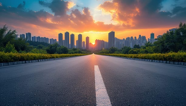 The perspective of the road against the background of sunset and the cityscape. High quality photo