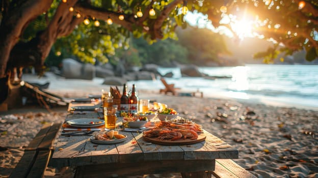 beachside dining setup with seafood on a wooden camping table in summer.