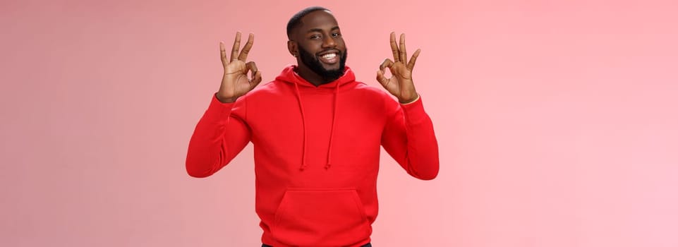 Guy promise perfection. Portrait confident charismatic pleasant african american man show okay no problem gesture say okay smiling assuring everything cool, standing pink background delighted.