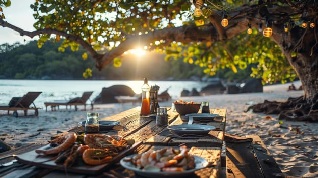 beachside dining setup with seafood on a wooden camping table in summer.