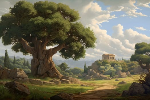 Ancient greece landscape big tree. Digital art. Generate Ai