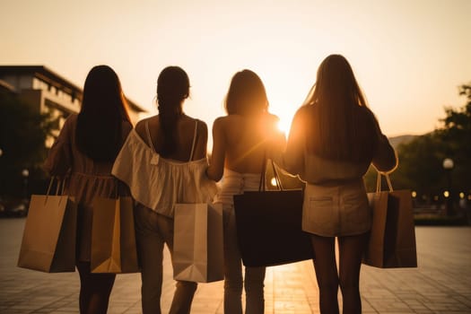 Back view four female shopping bags. Mall group people. Generate Ai