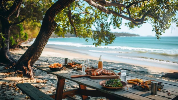 beachside dining setup with seafood on a wooden camping table in summer.