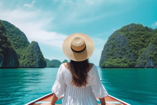 Back view woman relaxing boat. Vacation summer. Generate Ai