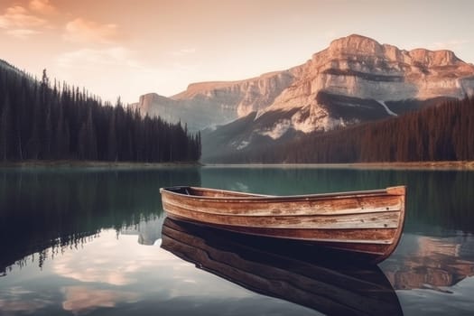 Boat on river mountains. Nature vacation. Generate Ai