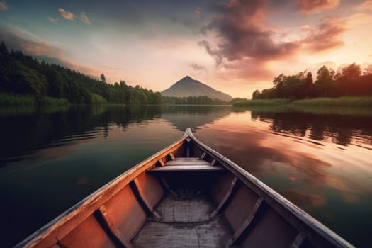 Boat on river mountains travel. Holiday sky. Generate Ai