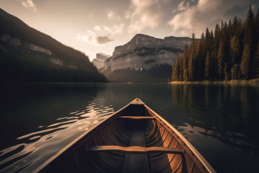 Boat on river mountains sunset. Summer travel. Generate Ai