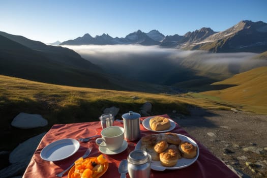 Breakfast mountains. Natural drink food. Generate Ai