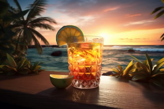 Beach cocktail ocean evening. Cafe fresh alcohol. Generate AI