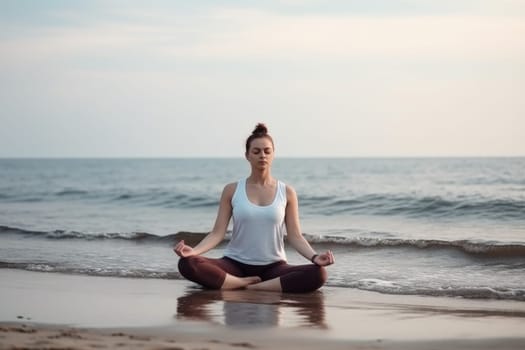 Caucasian woman practice yoga. Ocean nature. Fictional person. Generate Ai