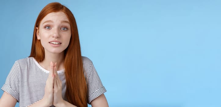 Cute european redhead girl blue eyes straight long ginger hairstyle making promise begging you help press palms together praying say please telling need favour worried pleading, blue background.