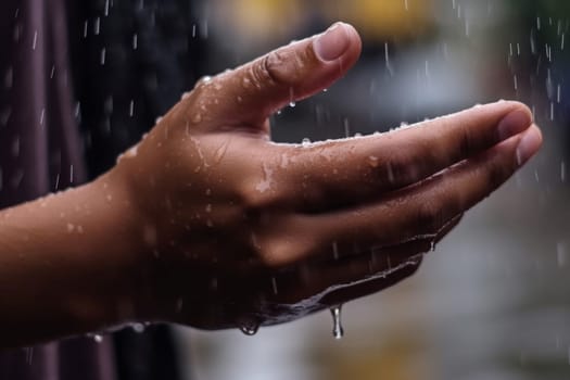 Closeup hand in rain. Nature wet. Generate Ai