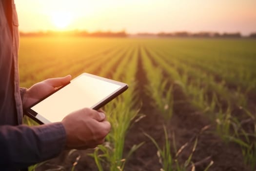 Using tablet at agriculture field. Digital concept. Generate Ai