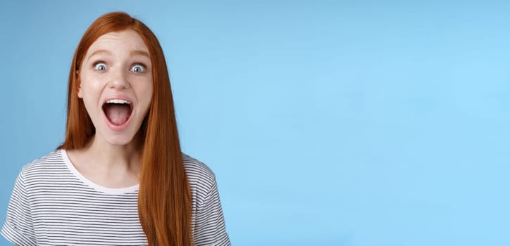 Amused thrilled enthusiastic surprised good-looking redhead girl wide eyes stunned drop jaw screaming astonished look impressed excited awesome news hearing incredible rumor, blue background.