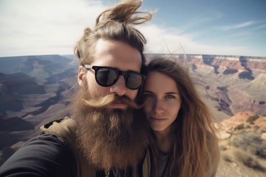 Couple traveler selfie. Summer adventure. Fictional person. Generate Ai