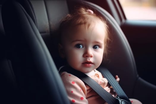 Cute girl in safety seat auto. Security protect. Fictional person. Generate Ai