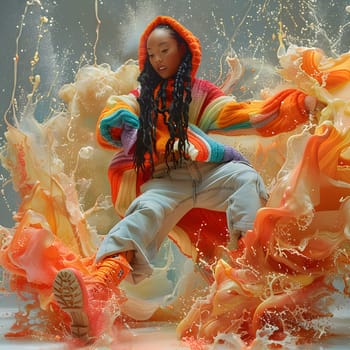 A fictional character in a colorful jacket is joyfully dancing in a burst of paint, creating a mesmerizing event in the realm of visual arts