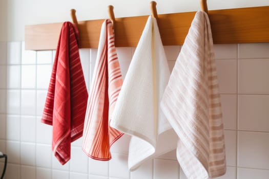 Kitchen towels haning on rack. Home fabric. Generate AI