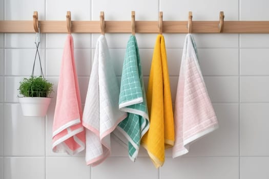 Kitchen towels haning on steel rack. Wall textile. Generate AI