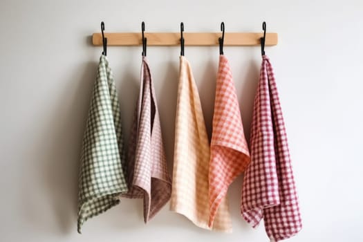 Kitchen towels haning on rack cotton. Domestic room. Generate AI