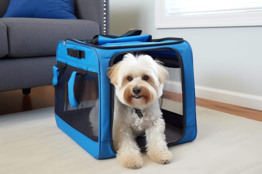 Dog sit carrier box. Border travel. Generate Ai