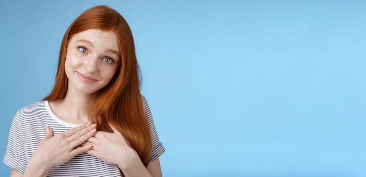 Kind tender sincere cute caucasian redhead girl melting go speechless heartwarming precious moment touched moving gift received compliment smiling delighted press palms grateful, thankful.
