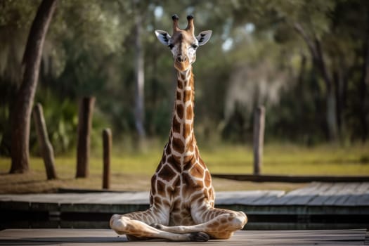 Giraffe practice yoga. Animal party. Generate Ai