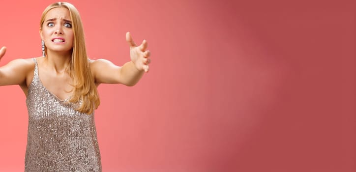 Obsessed ex-girlfriend widen eyes crazy clench teeth stretch hands forward wanna hold tight forever together standing crazy weird red background in silver dress clingy girl want hugs, cuddles.