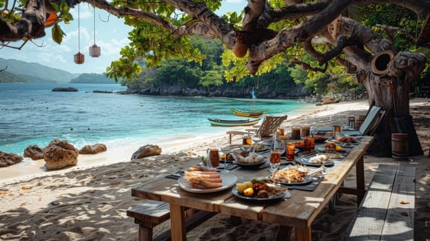 beachside dining setup with seafood on a wooden camping table in summer.