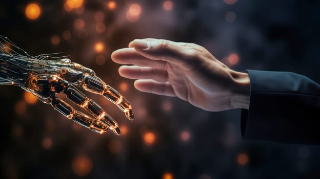 Artificial Intelligence Machine Learning Robot Hands and Human Touch. Big data and transmission protocol system. Robotics or artificial intelligence artificial intelligence connecting human interaction. Chatbot software