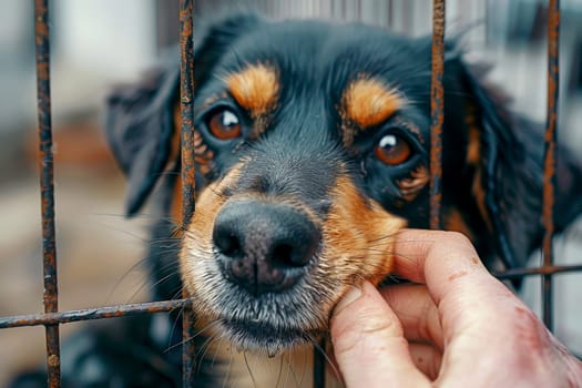 man hold Sad large dogs caught in cage. Generative AI.