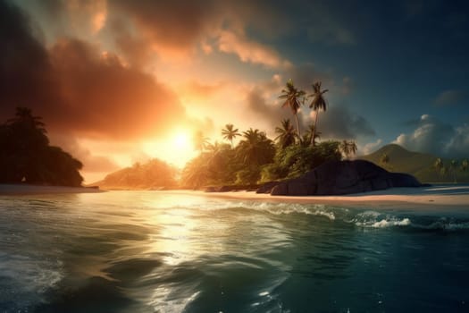 Tropical island sunset. Sea sunrise. Generate Ai