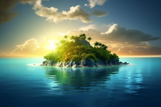 Tropical island sunset sea. Water palm tree. Generate Ai