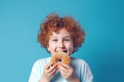 Happy boy eat donut. Cute child. Fictional person. Generate Ai