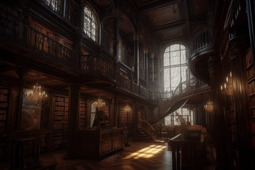 Magnificent library. Old interior room. Generate Ai