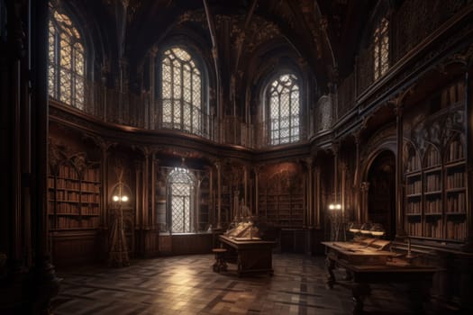 Magnificent old library. Old room interior. Generate Ai