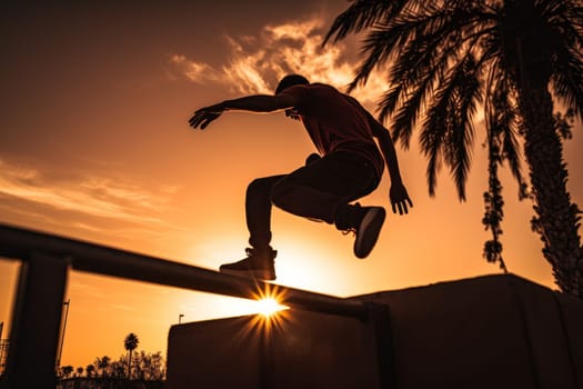 Man parkour sunset. Sport adventure. Generate Ai