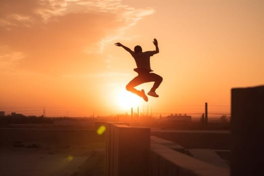 Man parkour sunset training. Sport adventure. Generate Ai