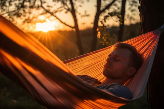 Man resting hammock outdoor. Male pleasure. Fictional person. Generate Ai