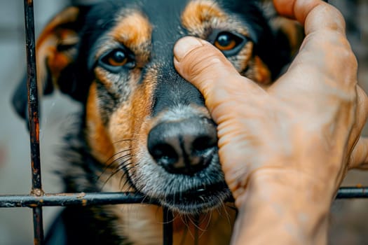 man hold Sad large dogs caught in cage. Generative AI.