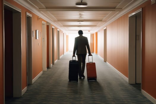 Man suitcase luggage walking. Passport hall. Generate Ai