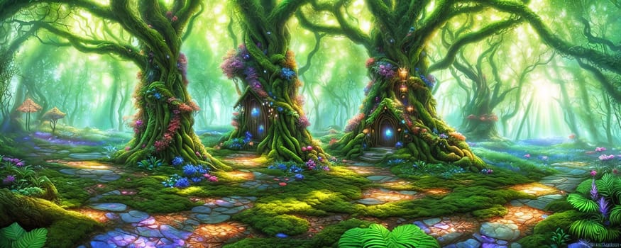 Mystical beauty of an enchanted forest. Vibrant greenery, twisting vines, and shimmering shafts of sunlight filtering through the canopy. Hidden fairy dwelling among the branches. Generative AI