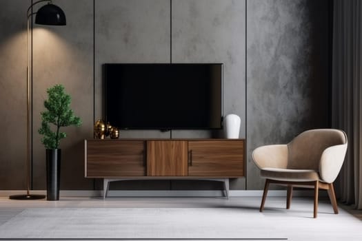 Modern tv cabinet armchair design. Cozy apartment. Generate Ai