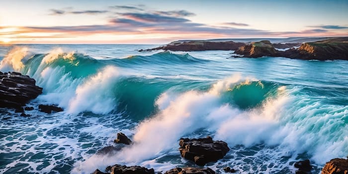 Stunning seascape, cliffs towering over the coastline, waves crashing below. Panorama. Generative AI.