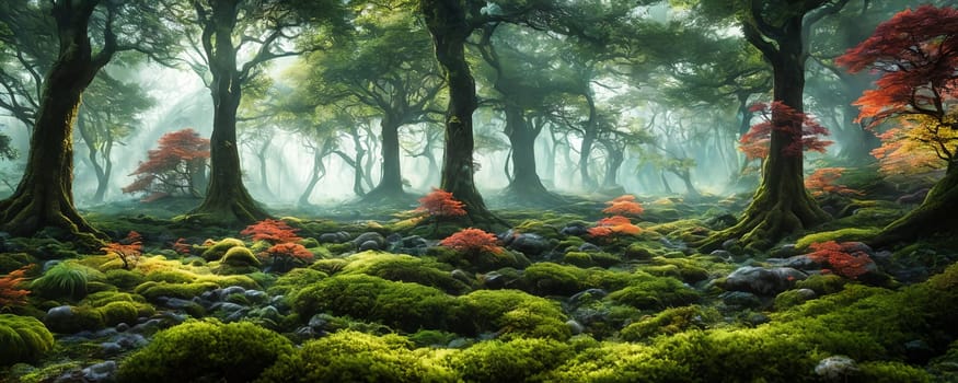 Enchanted forest. An otherworldly forest landscape with vibrant, glowing flora and fauna, majestic ancient trees. Generative AI