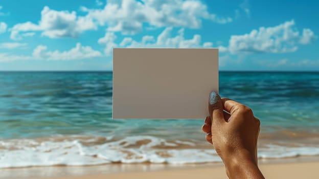 A person holding a blank piece of paper on the beach
